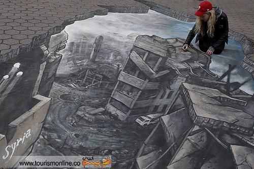 اعتراض به کشتار در سوریه با نقاشی سه بعدی 