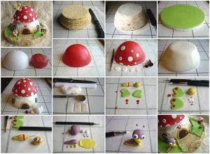 سفره آرایی/ آموزش تصویری ساخت کیک به شکل خانه قارچی