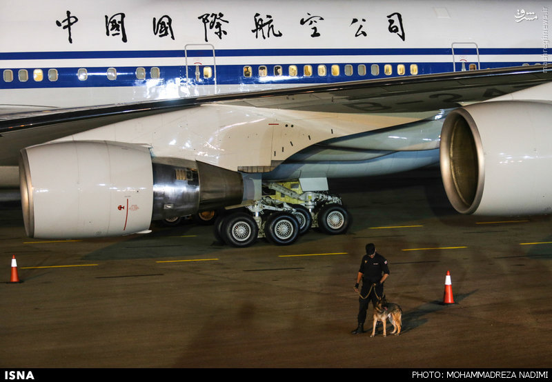 عکس/ سگ بمب یاب کنار هواپیمای رییس جمهور چین 