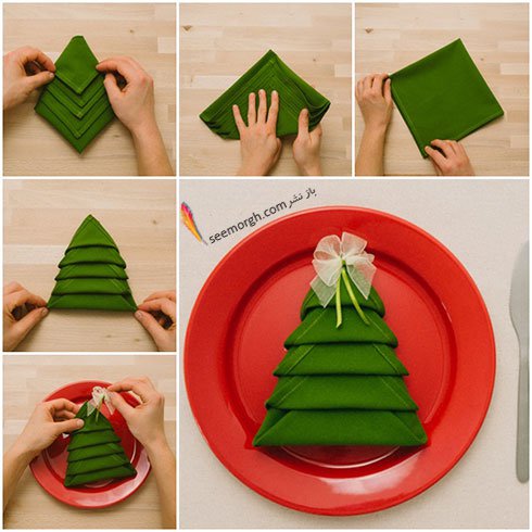 تزیین دستمال سفره به شکل درخت کریسمس - مدل شماره 1