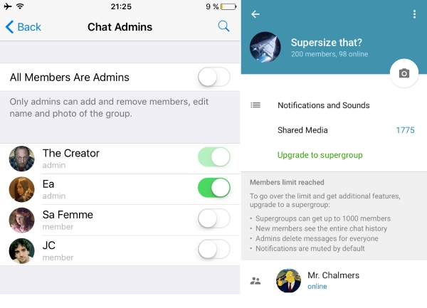 گروه های تلگرام از این پس می توانند دارای چند مدیر و هزار نفر عضو باشند