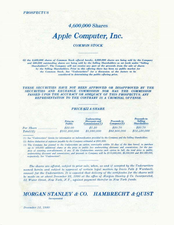 عرضه عمومی سهام اپل در دسامبر سال 1980 میلادی نقشی قابل توجه در حرکت رو به جلوی سیلیکون ولی داشت و سرمایه گذاران زیادی را به سمت این منطقه جذب کرد.