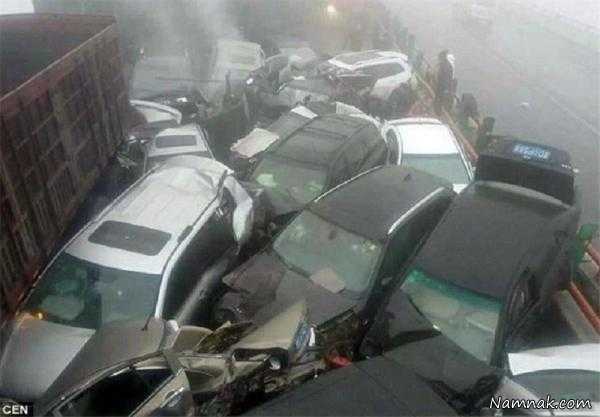 عکسهای تصادف زنجیره ای در چین ، تصادف زنجیره ای ، تصادف شدید