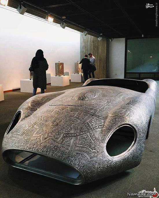 نمایشگاه آثار هنرمند بلژیکی ، خودرو مازراتی ، منبت کاری