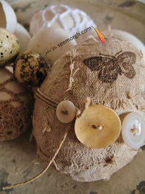 تزیین تخم مرغ سفره هفت سین با دکمه و گونی - مدل شماره 3