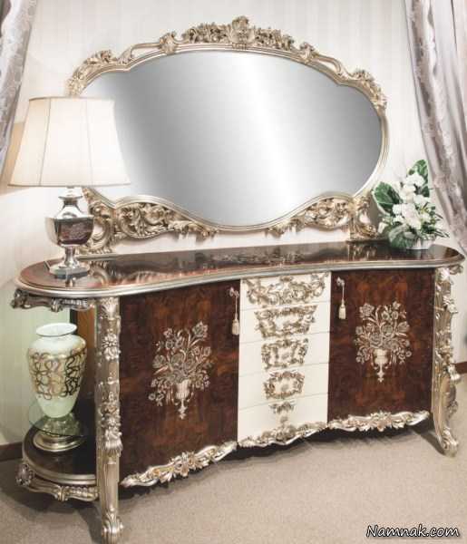 مدل میز کنسول ، کنسول آینه وشمعدان ، کنسول آینه و شمعدان چوبی