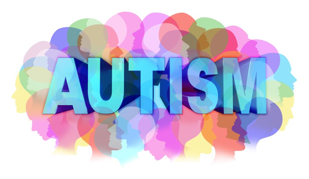 Autism diagnosis and autistic disorder concept or ASD concept as a group of human faces showing the color specrtrum as a mental health issue symbol for medical research and community education support and resources.